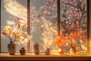 窗台上的春日花卉景致