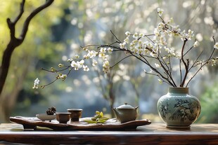 春日雅境 花瓶茶具与繁花
