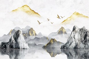 水墨山水间飞鸟映湖景