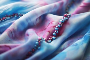 多彩布料上的精美珠串