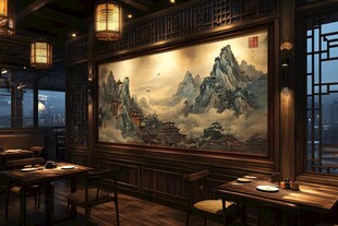 中式餐厅内的山水墨画景致