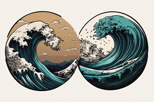 双幅圆形海浪艺术插画