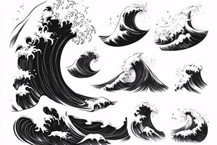 日式黑白海浪图案集合