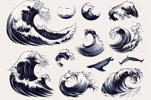 日式海浪海洋元素插画集