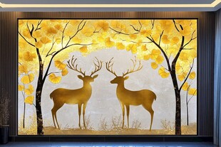 金色鹿影树景装饰壁画