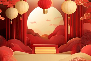 中式节庆场景 红灯笼与月