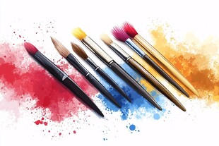 多彩画笔与缤纷颜料印迹
