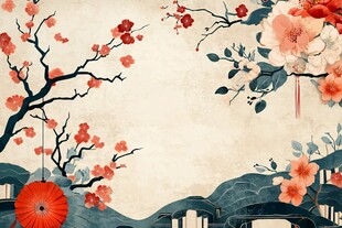 中式古风花卉山水美景图