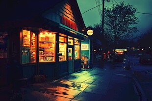 夜晚街边灯火通明的小店