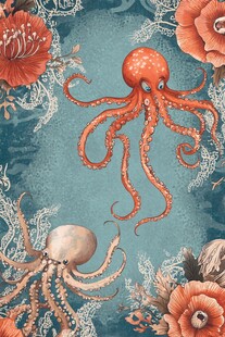 梦幻海洋章鱼花卉插画