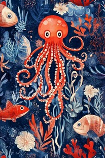 海底章鱼与多彩海洋生物