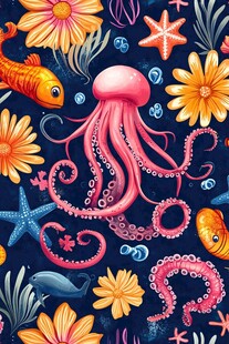 海底奇幻生物花卉插画