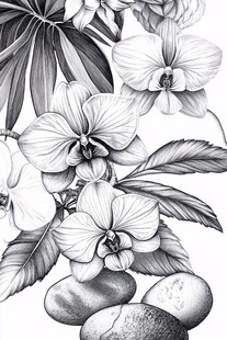 黑白花卉与鹅卵石插画