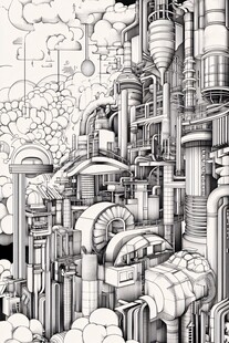 未来机械都市黑白插画