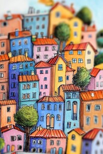 彩色手绘风格的缤纷房屋群