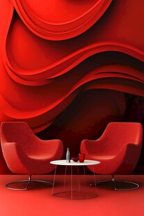 红色空间中的时尚座椅组合