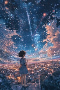 少女仰望梦幻星空夜景