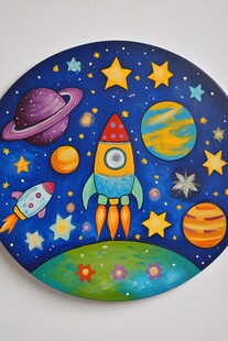 手绘梦幻太空主题圆盘画