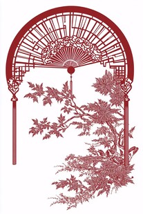 中式扇形窗棂与花枝图案