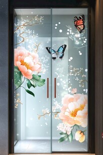 牡丹蝴蝶玻璃门装饰画