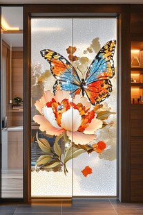 蝴蝶牡丹艺术玻璃门装饰