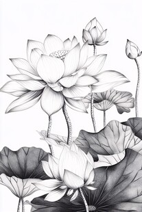 黑白水墨风荷花图