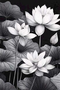 黑白水墨风荷花绽放图