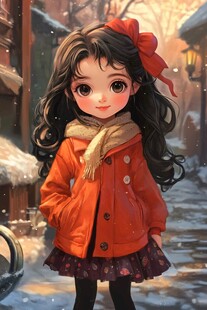 冬日街头的可爱红衣女孩