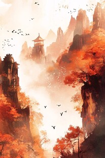 秋韵山间亭 飞鸟伴云雾