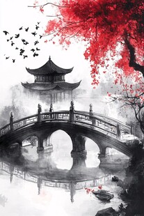 水墨江南桥畔红枫飞鸟景