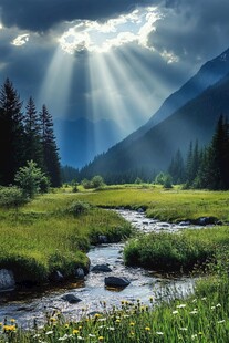 山间溪流迎晨光美景