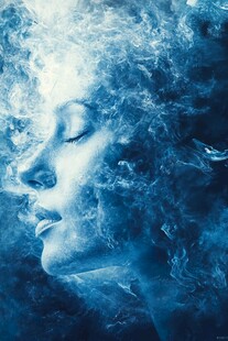 梦幻蓝调烟雾中的女性面庞