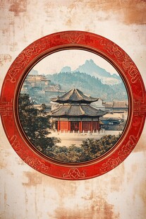 中式古典圆窗中的亭台景致