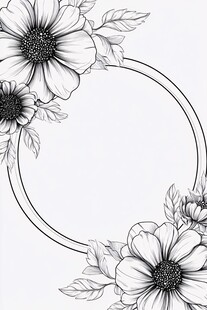 花卉圆形边框黑白线稿图