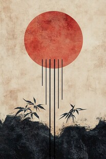 红日竹林山水意境图