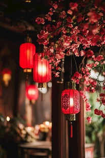 红灯笼映繁花古雅景致