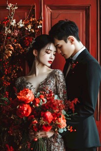 红墙下的浪漫新婚情侣