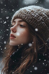 雪中戴帽女子的静谧瞬间