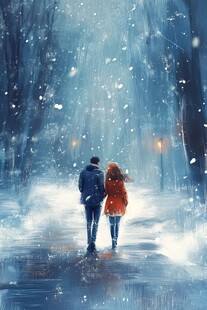 雪夜情侣漫步浪漫瞬间
