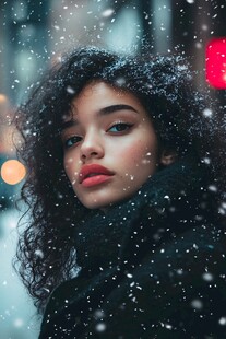 雪中卷发女子的迷人瞬间