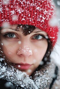 雪中红帽女子的纯净眼神
