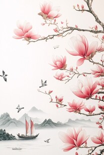 玉兰花枝间 山水行舟图