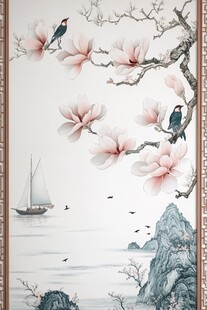 玉兰栖鸟 江上帆船图