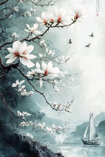 玉兰花畔江景诗意画卷