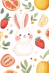 可爱白兔与缤纷水果插画