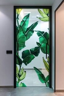 玻璃门上的芭蕉叶艺术图案