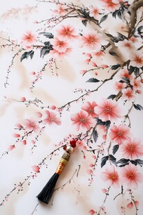 中式桃花图配古典流苏挂件