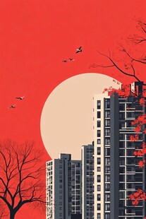 夕阳下的城市与飞鸟景致