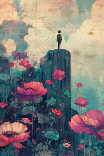 独站花丛石柱上的沉思者