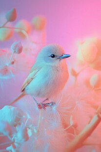 梦幻小鸟栖于柔美花丛中